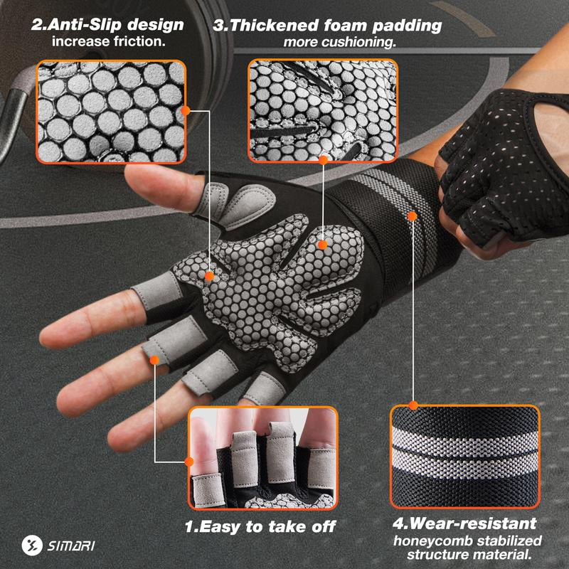 Gym Gloves, Half-Finger Breathable Workout Gloves for Men Women, Padded Weight Lifting Gloves with Wrist Wraps Support, Full Palm Protection, Gym Training SG902