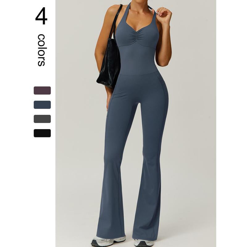 Timeoff Ladies' Soft Halter Neck One-Piece Flared Pants with a Folded and Stacked Design on the Chest, Suitable for Yoga, Gym Training, Outdoor Sports, and Hip Lifting. Fashionable and Casual, Sexy Halter Neck Jumpsuit for Women.
