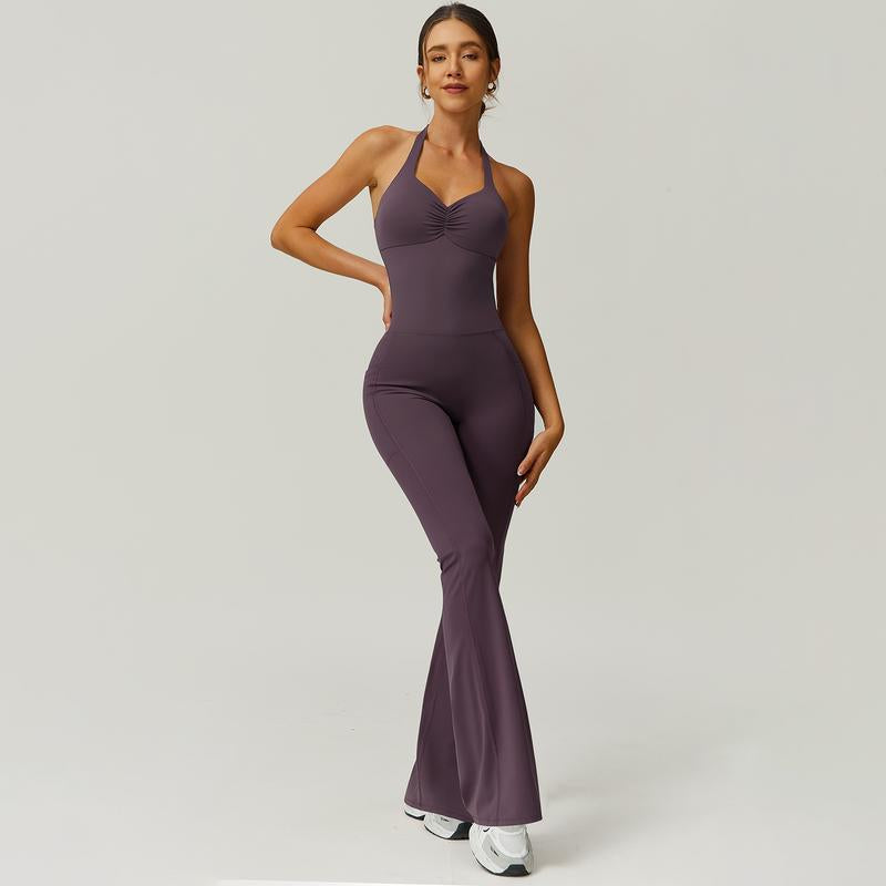 Timeoff Ladies' Soft Halter Neck One-Piece Flared Pants with a Folded and Stacked Design on the Chest, Suitable for Yoga, Gym Training, Outdoor Sports, and Hip Lifting. Fashionable and Casual, Sexy Halter Neck Jumpsuit for Women.