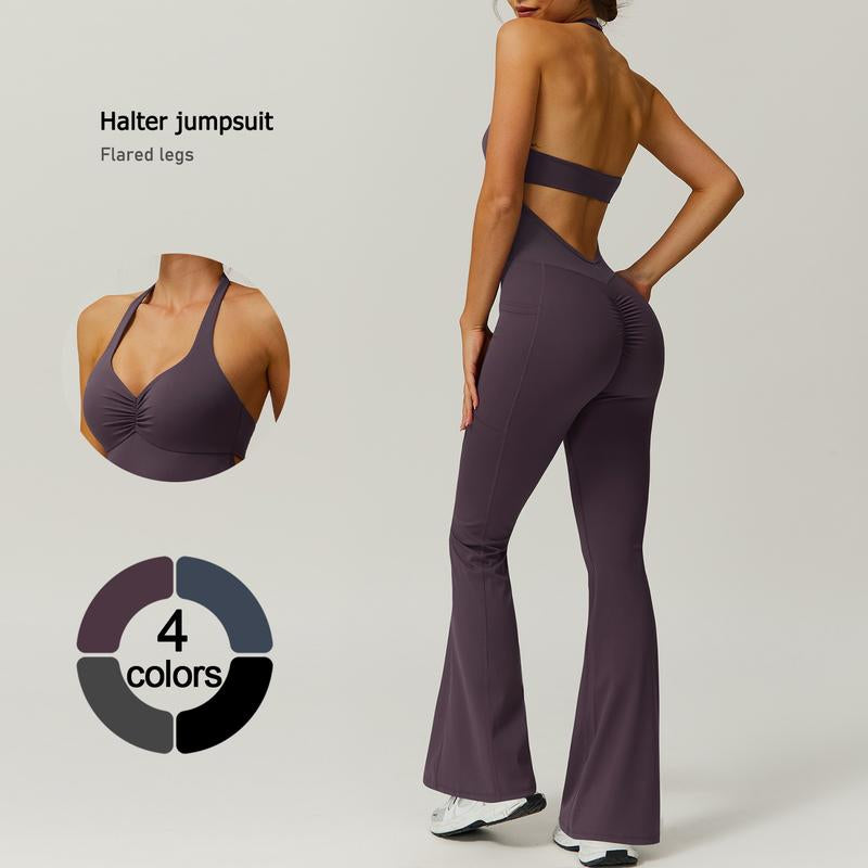 Timeoff Ladies' Soft Halter Neck One-Piece Flared Pants with a Folded and Stacked Design on the Chest, Suitable for Yoga, Gym Training, Outdoor Sports, and Hip Lifting. Fashionable and Casual, Sexy Halter Neck Jumpsuit for Women.