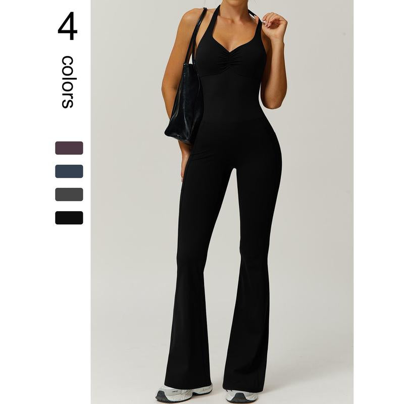 Timeoff Ladies' Soft Halter Neck One-Piece Flared Pants with a Folded and Stacked Design on the Chest, Suitable for Yoga, Gym Training, Outdoor Sports, and Hip Lifting. Fashionable and Casual, Sexy Halter Neck Jumpsuit for Women.