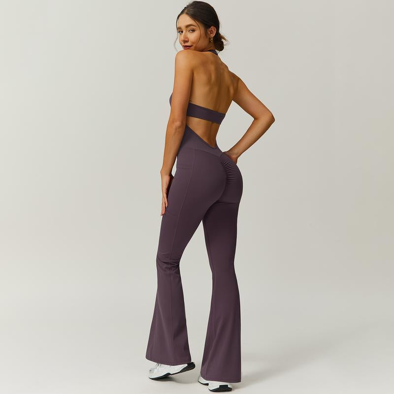 Timeoff Ladies' Soft Halter Neck One-Piece Flared Pants with a Folded and Stacked Design on the Chest, Suitable for Yoga, Gym Training, Outdoor Sports, and Hip Lifting. Fashionable and Casual, Sexy Halter Neck Jumpsuit for Women.
