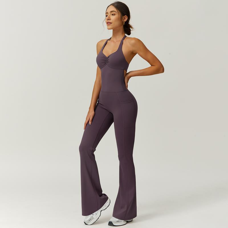 Timeoff Ladies' Soft Halter Neck One-Piece Flared Pants with a Folded and Stacked Design on the Chest, Suitable for Yoga, Gym Training, Outdoor Sports, and Hip Lifting. Fashionable and Casual, Sexy Halter Neck Jumpsuit for Women.