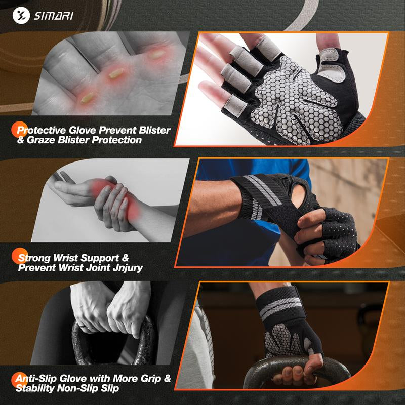 Gym Gloves, Half-Finger Breathable Workout Gloves for Men Women, Padded Weight Lifting Gloves with Wrist Wraps Support, Full Palm Protection, Gym Training SG902