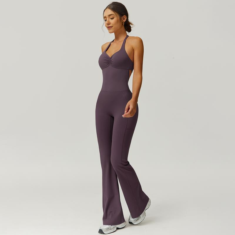 Timeoff Ladies' Soft Halter Neck One-Piece Flared Pants with a Folded and Stacked Design on the Chest, Suitable for Yoga, Gym Training, Outdoor Sports, and Hip Lifting. Fashionable and Casual, Sexy Halter Neck Jumpsuit for Women.