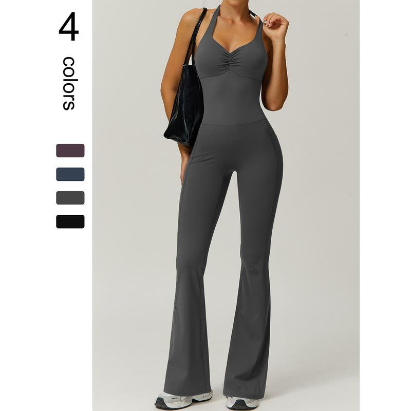 Timeoff Ladies' Soft Halter Neck One-Piece Flared Pants with a Folded and Stacked Design on the Chest, Suitable for Yoga, Gym Training, Outdoor Sports, and Hip Lifting. Fashionable and Casual, Sexy Halter Neck Jumpsuit for Women.