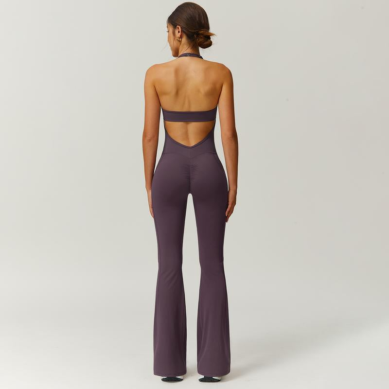 Timeoff Ladies' Soft Halter Neck One-Piece Flared Pants with a Folded and Stacked Design on the Chest, Suitable for Yoga, Gym Training, Outdoor Sports, and Hip Lifting. Fashionable and Casual, Sexy Halter Neck Jumpsuit for Women.