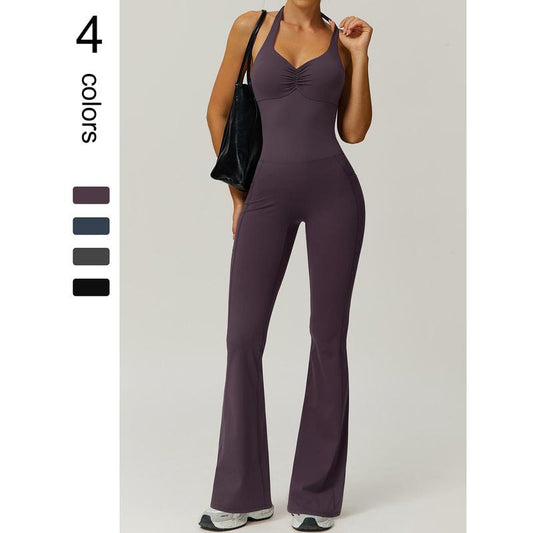 Timeoff Ladies' Soft Halter Neck One-Piece Flared Pants with a Folded and Stacked Design on the Chest, Suitable for Yoga, Gym Training, Outdoor Sports, and Hip Lifting. Fashionable and Casual, Sexy Halter Neck Jumpsuit for Women.