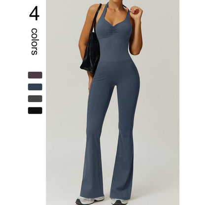 Timeoff Ladies' Soft Halter Neck One-Piece Flared Pants with a Folded and Stacked Design on the Chest, Suitable for Yoga, Gym Training, Outdoor Sports, and Hip Lifting. Fashionable and Casual, Sexy Halter Neck Jumpsuit for Women.