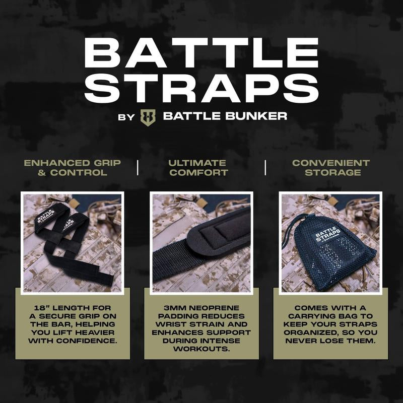 Battle Bunker Lifting Straps 18" Length, 2 Straps per Pack for Powerlifting, Bodybuilding, and Hybrid Fitness - Premium Padded Design