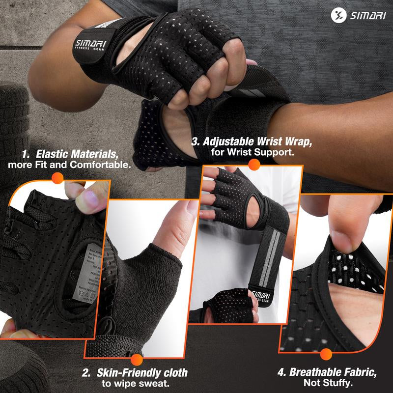 Gym Gloves, Half-Finger Breathable Workout Gloves for Men Women, Padded Weight Lifting Gloves with Wrist Wraps Support, Full Palm Protection, Gym Training SG902