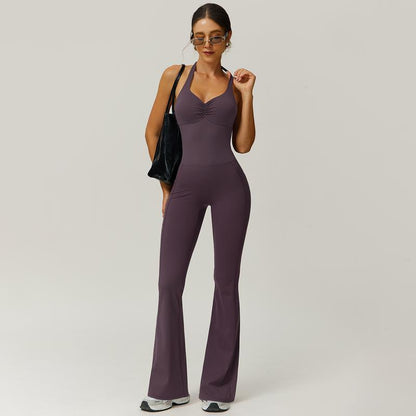 Timeoff Ladies' Soft Halter Neck One-Piece Flared Pants with a Folded and Stacked Design on the Chest, Suitable for Yoga, Gym Training, Outdoor Sports, and Hip Lifting. Fashionable and Casual, Sexy Halter Neck Jumpsuit for Women.